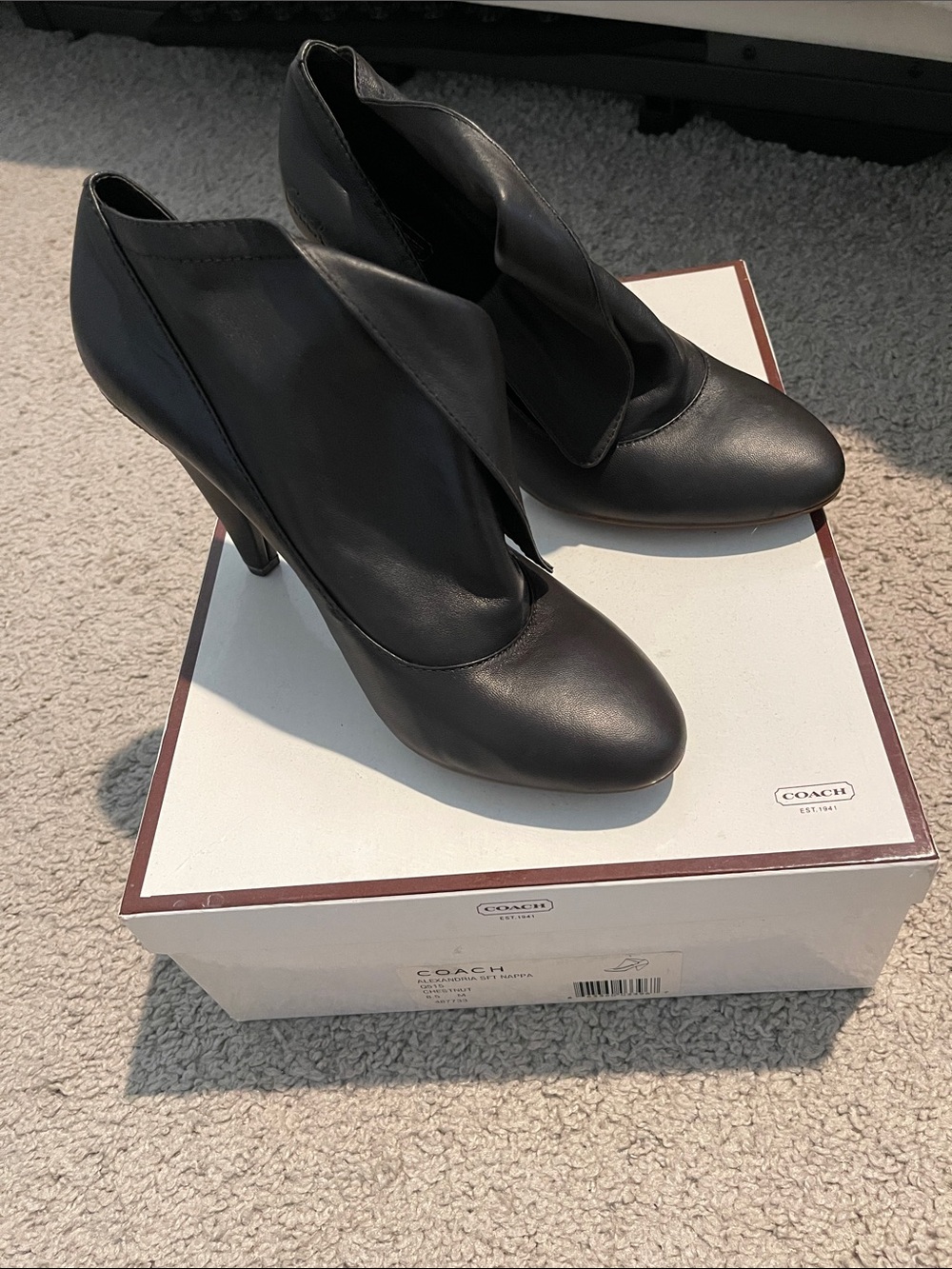 Coach Black Leather Draped Ankle Heels — Sleek Pointed Toe